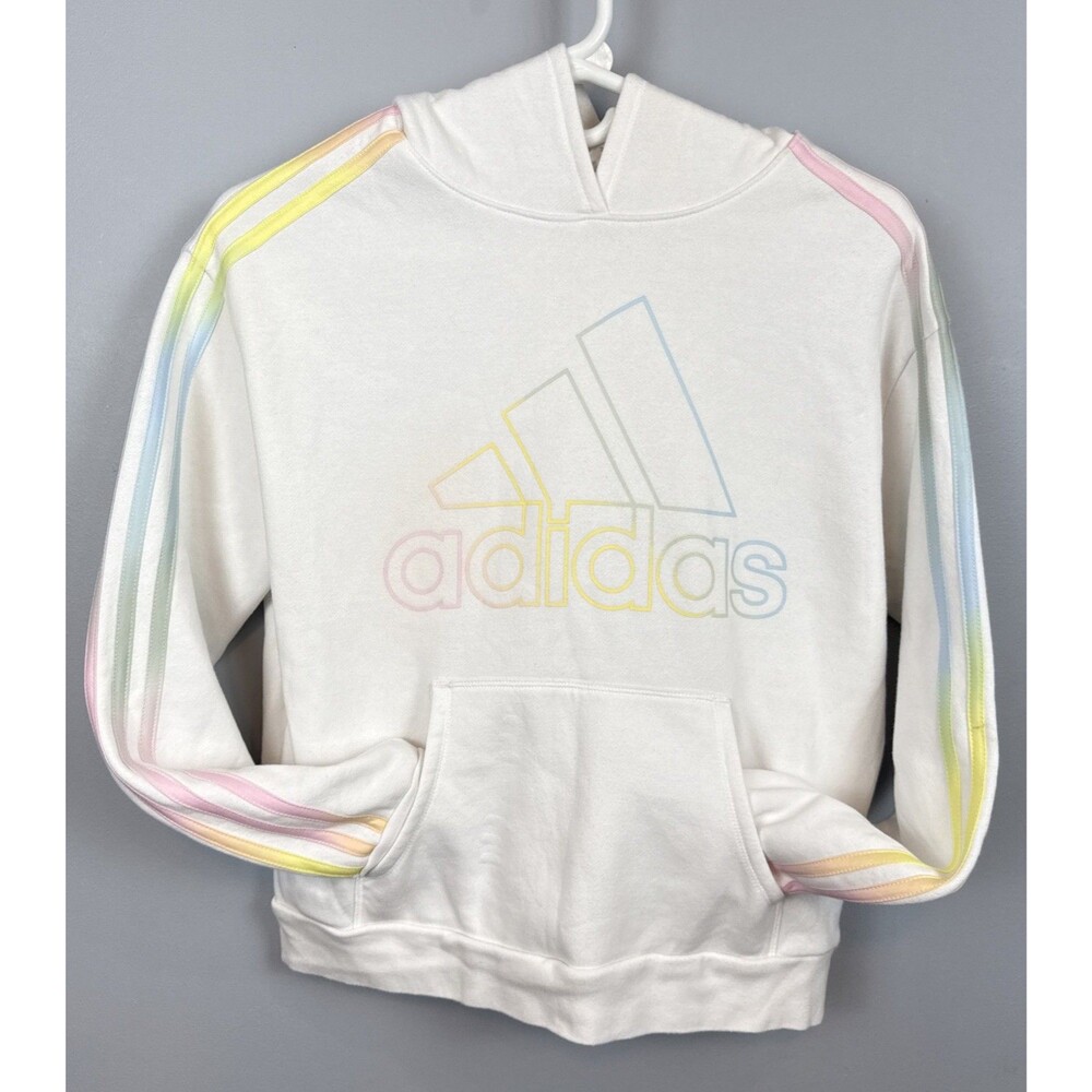 Adidas Hoodie Girls Loose Fit XL US 16 White W/multi Color Writing